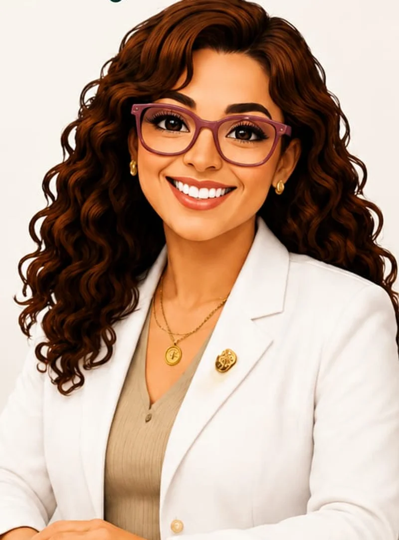 Ilustração da terapeuta, sorridente, de óculos e casaco claro