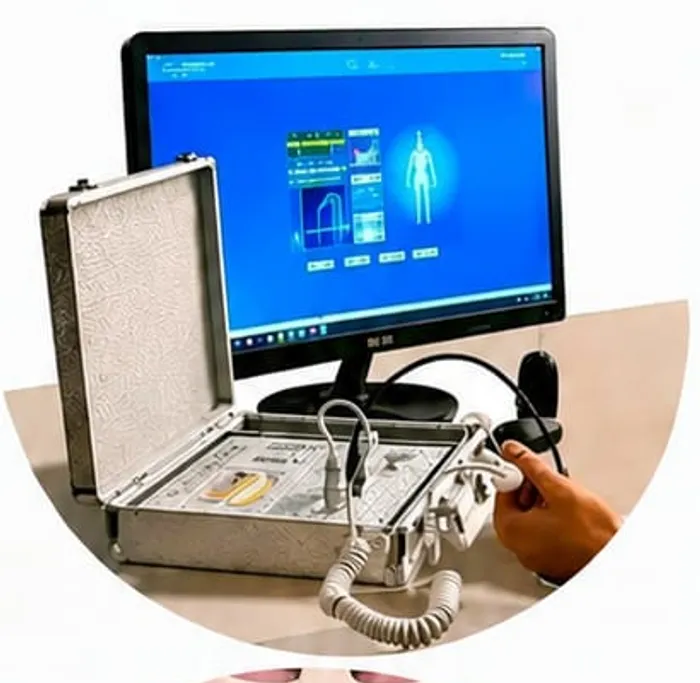 Aparelho de biorressonância quântica ligado a um monitor com a análise do corpo