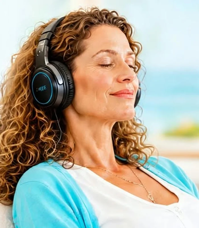 Mulher relaxada com auscultadores de biofeedback, de olhos fechados